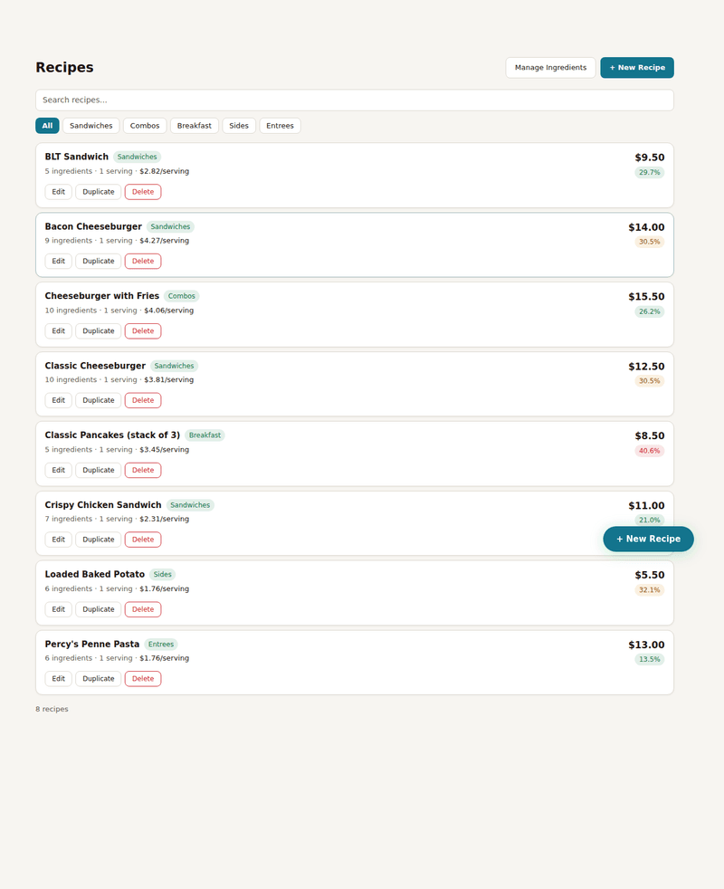 Percy Plate recipe list screenshot